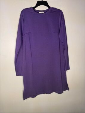 Purple Long-Sleeve Midi Dress — Relaxed Crew Neck